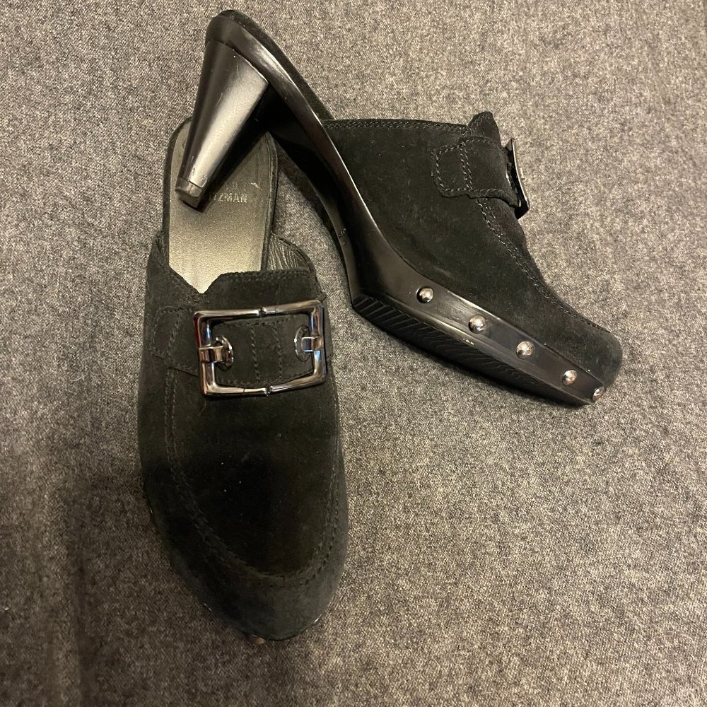 Stuart Weitzman Double Agent Black Sport Suede Studded Mule Clogs